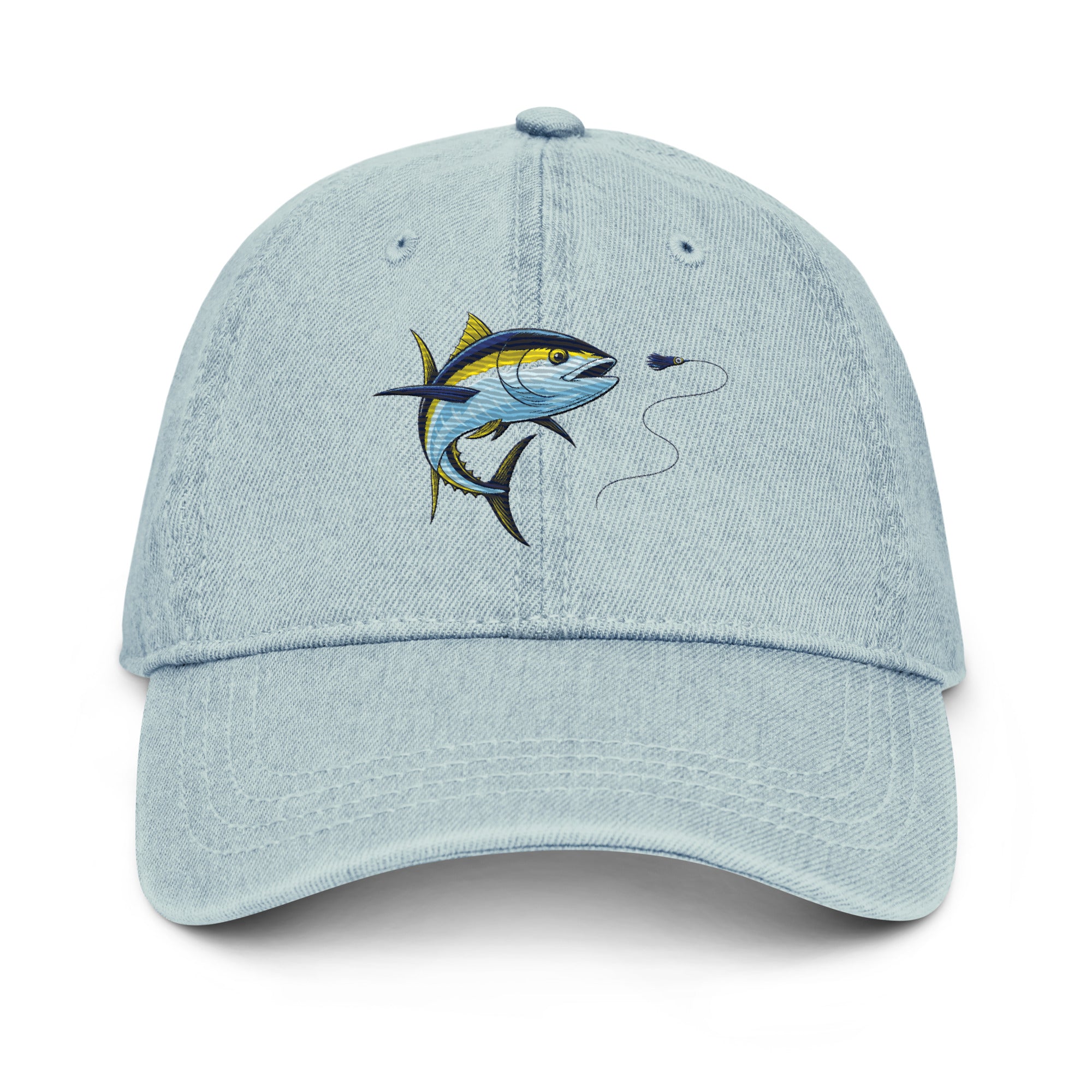 Denim yellowfin tuna fishing hat, front view, light denim