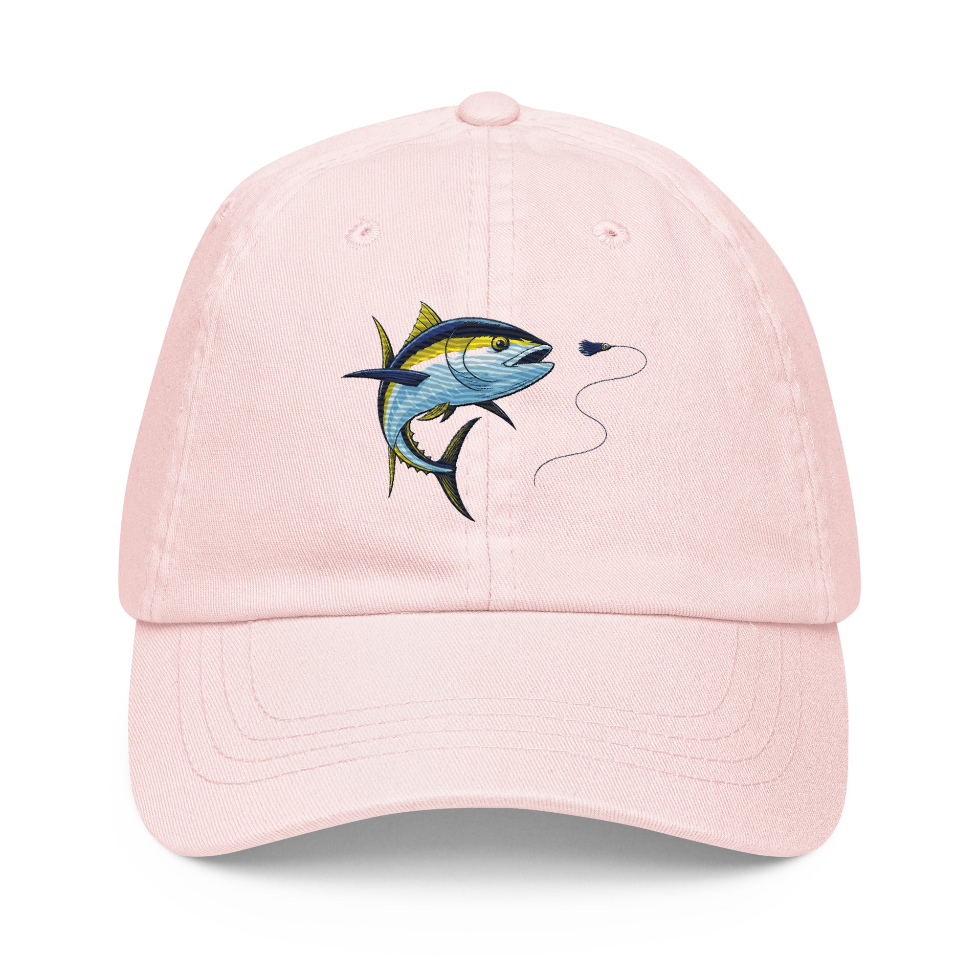 Pastel yellowfin tuna fishing hat, front view, pink