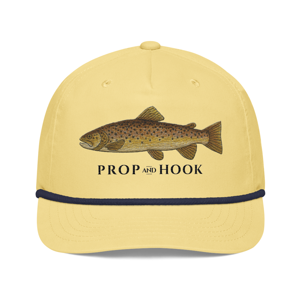 brown trout rope hat - yellow - front view