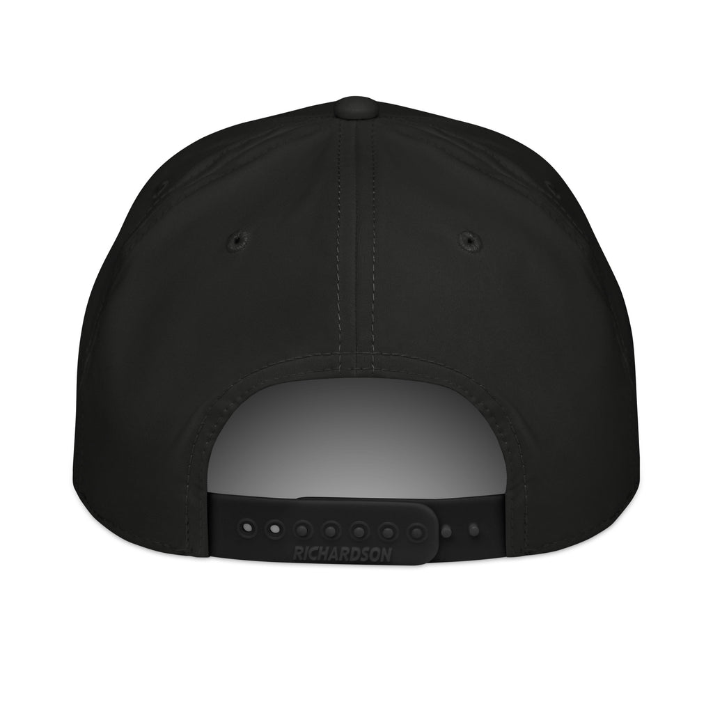 The back view of the black Feeding Frenzy Marlin Rope Hat by Prop and Hook features a plastic snapback closure, the brand name on the strap, and two stitched eyelets on each side.