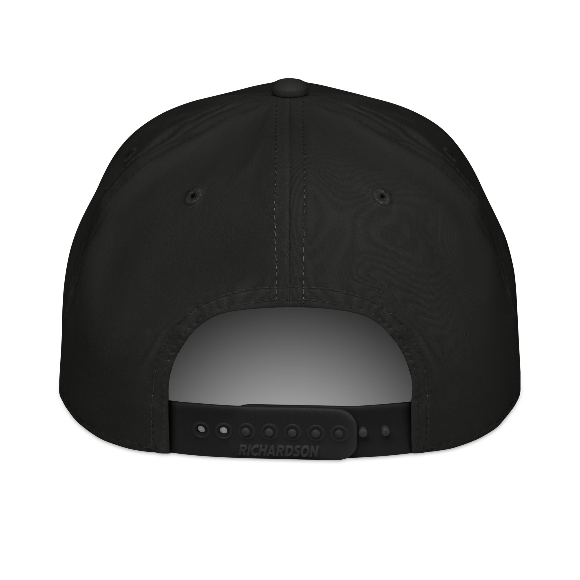 The back view of the black Feeding Frenzy Marlin Rope Hat by Prop and Hook features a plastic snapback closure, the brand name on the strap, and two stitched eyelets on each side.