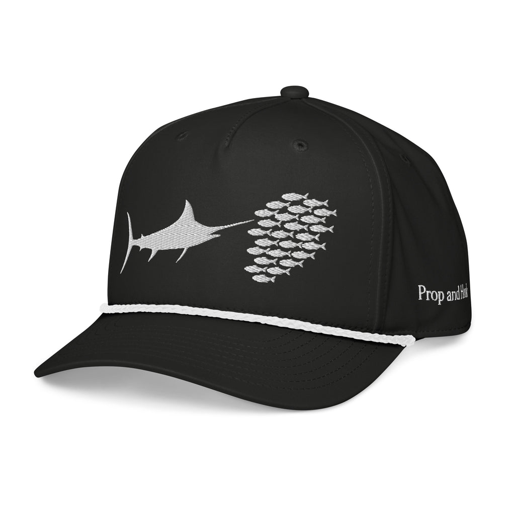 The Prop and Hook Feeding Frenzy Marlin Rope Hat is a black offshore fishing hat with a white marlin chasing fish, curved brim, white rope detail, and Prop and Hook text on the side.