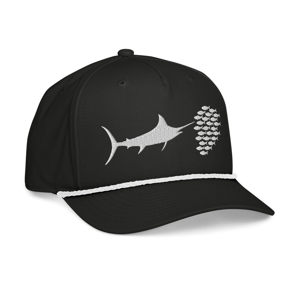 The Prop and Hook Feeding Frenzy Marlin Rope Hat is a black fishing hat with a white rope above the brim, featuring an embroidered marlin and a school of fish on the front panel.