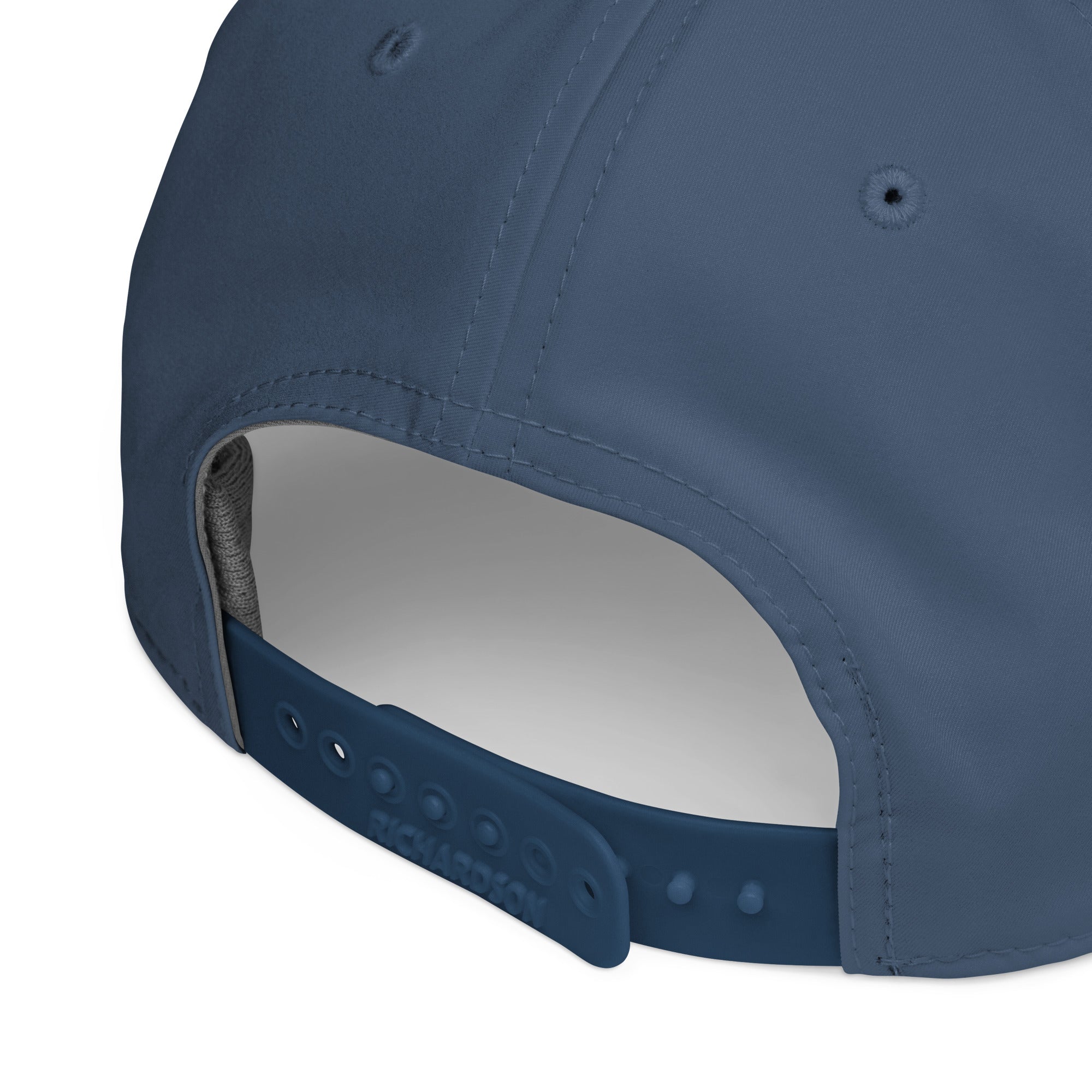 Close-up of the back of the Prop and Hook Feeding Frenzy Marlin Rope Hat in blue, showing its adjustable plastic snap closure with multiple holes for sizing and visible stitching.