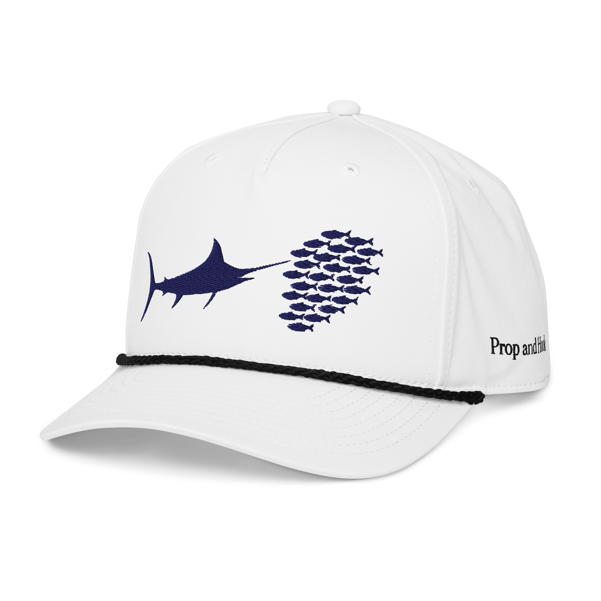 The Feeding Frenzy Marlin Rope Hat by Prop and Hook is a white fishing hat with a black rope, featuring a navy blue graphic of a large fish and smaller fish. Prop and H appears on the side, perfect for those who love classic style.