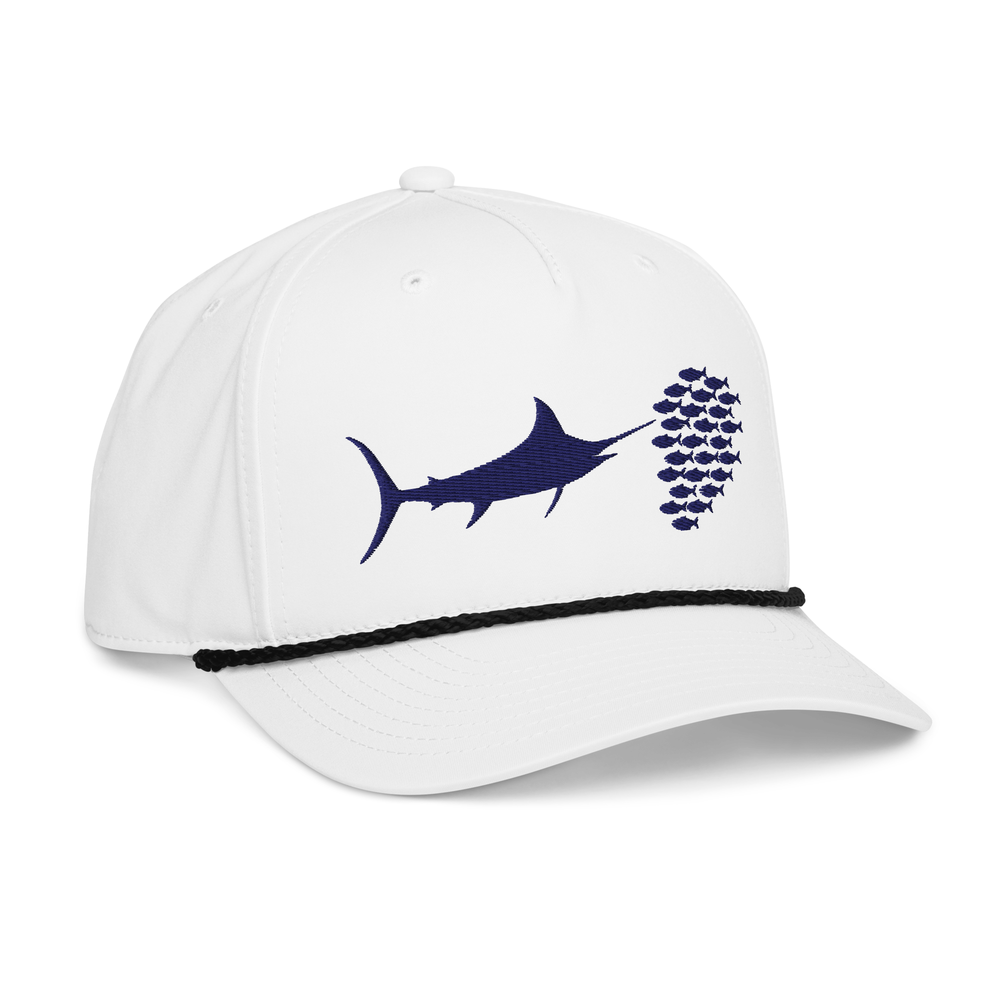 The Prop and Hook Feeding Frenzy Marlin Rope Hat is a white hat with a black rope detail and features a navy marlin graphic facing a school of small navy fish on the front.