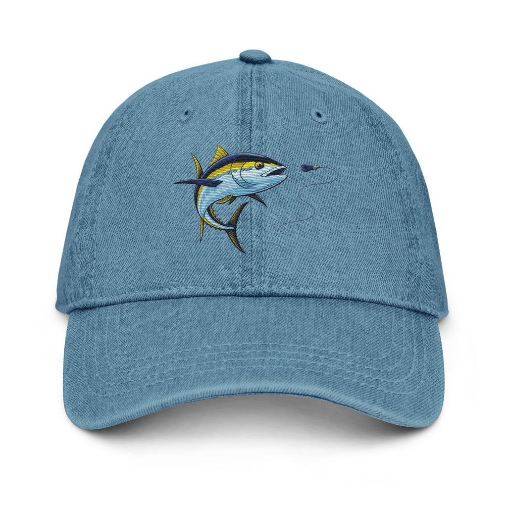 Denim yellowfin tuna fishing hat, front view, dark denim