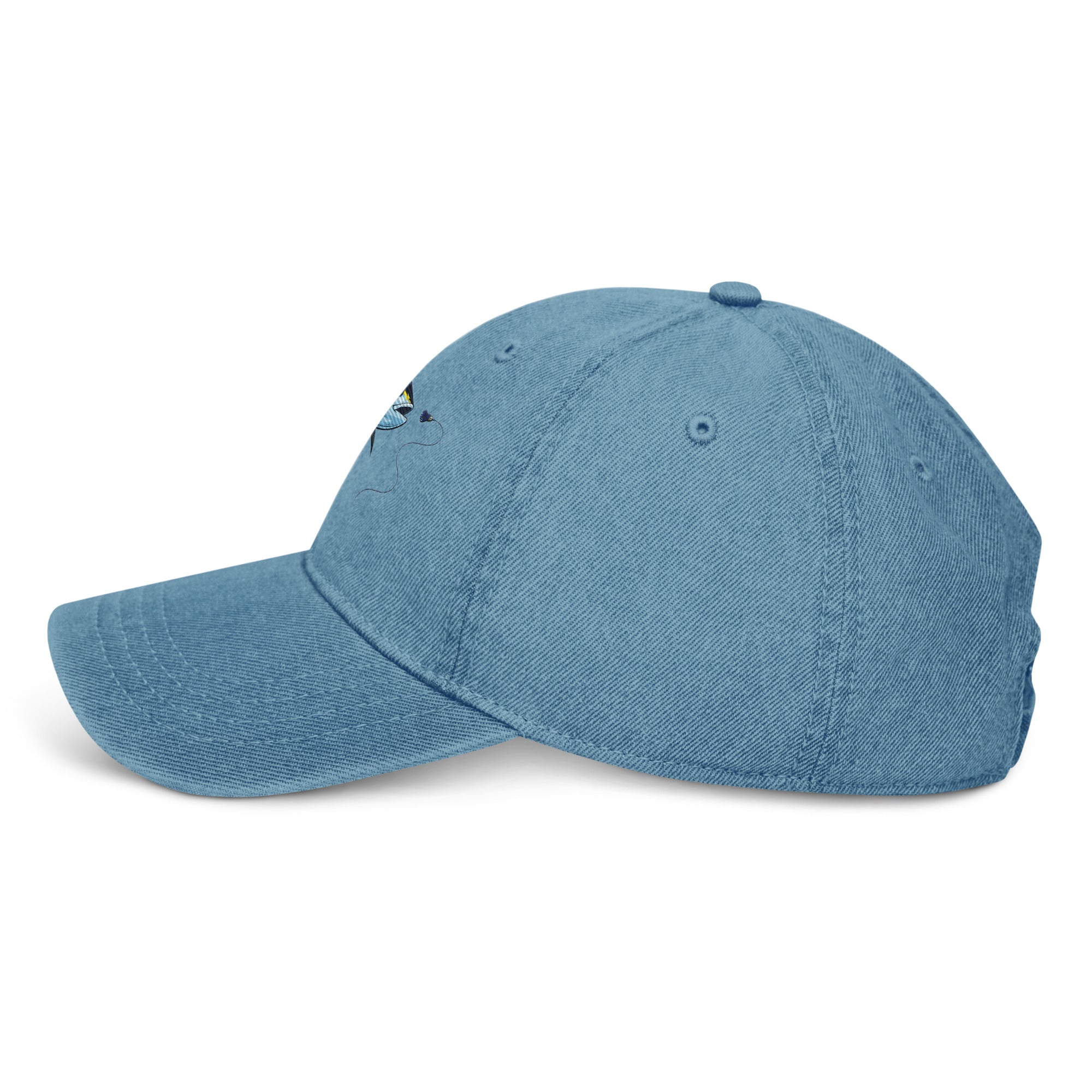 Denim yellowfin tuna fishing hat, side view, dark denim