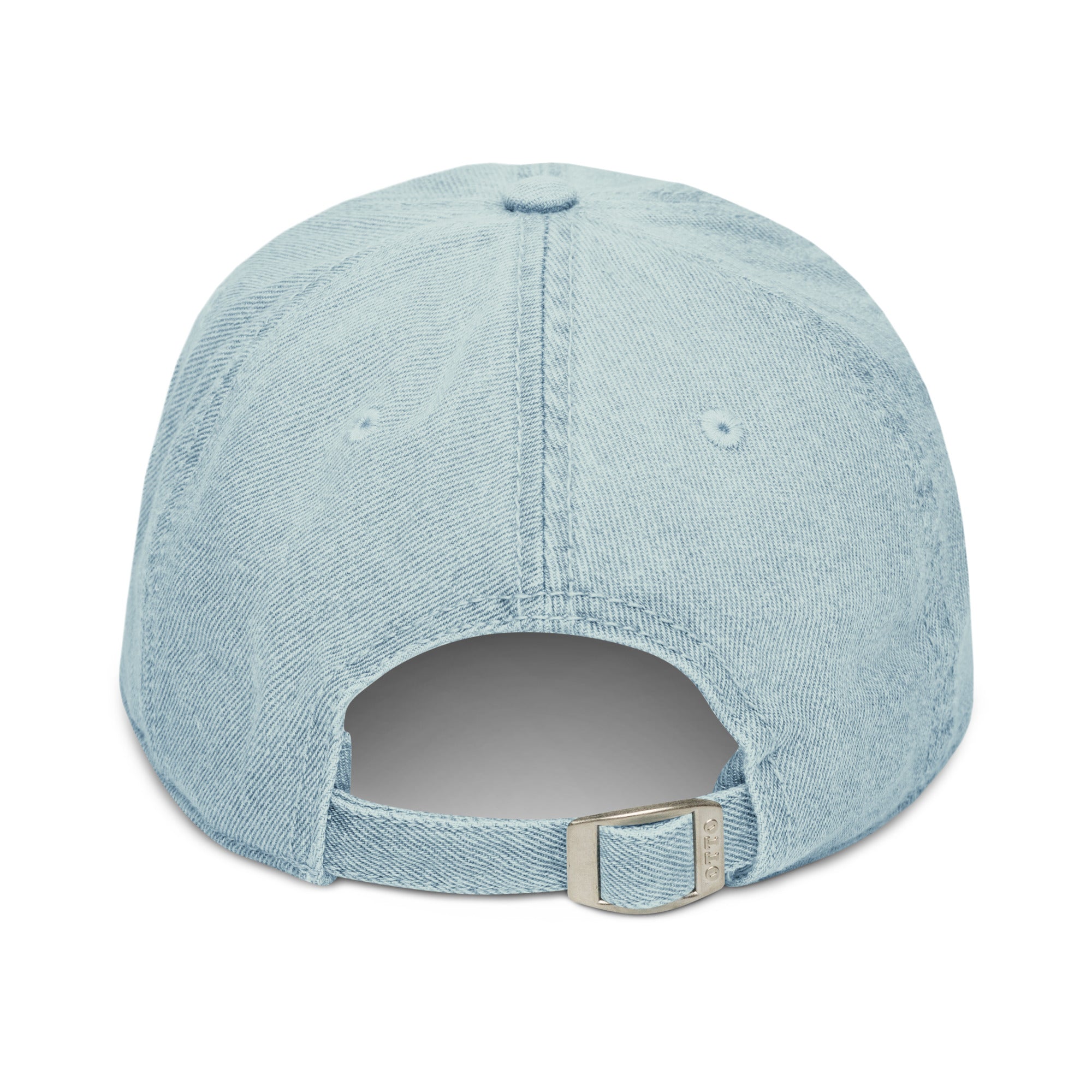 Denim yellowfin tuna fishing hat, back view, light denim