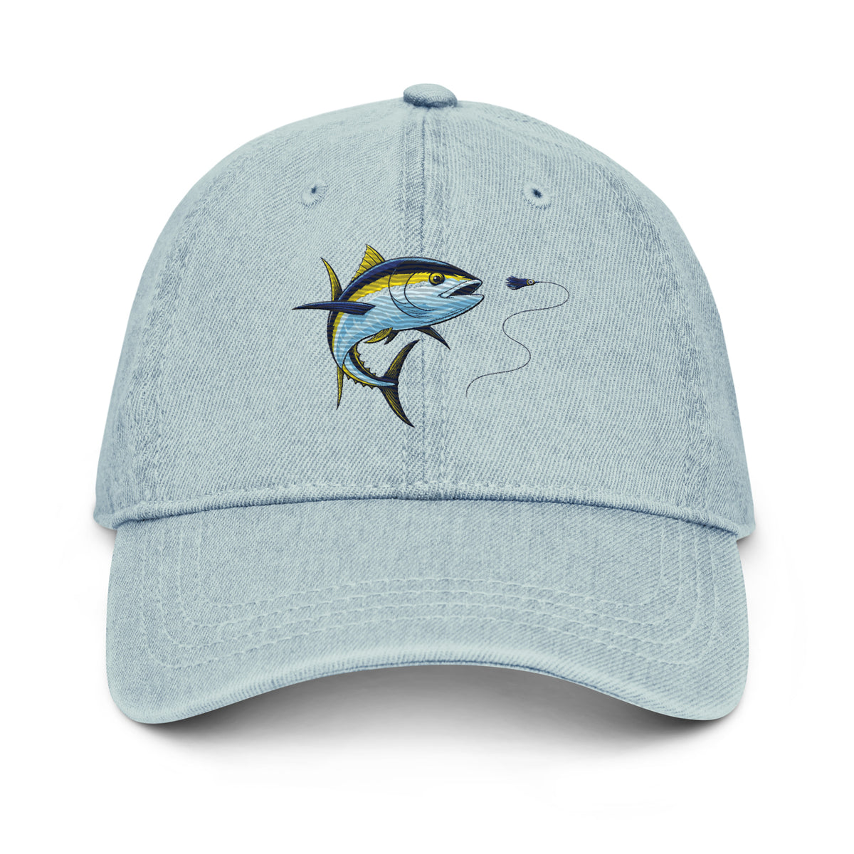 Denim yellowfin tuna fishing hat, front view, light denim