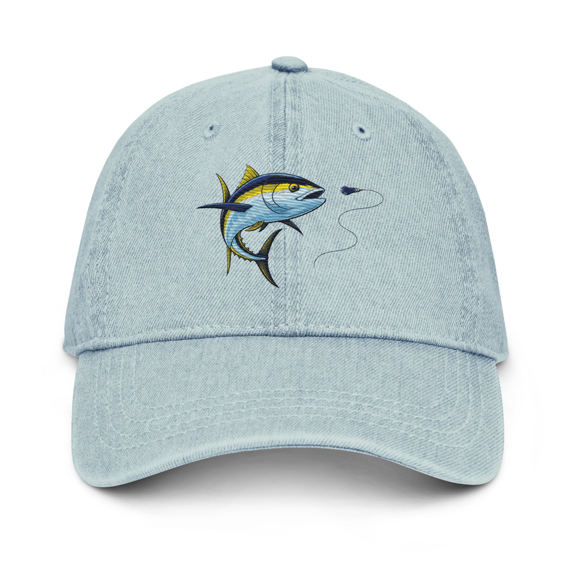 Denim yellowfin tuna fishing hat, front view, light denim