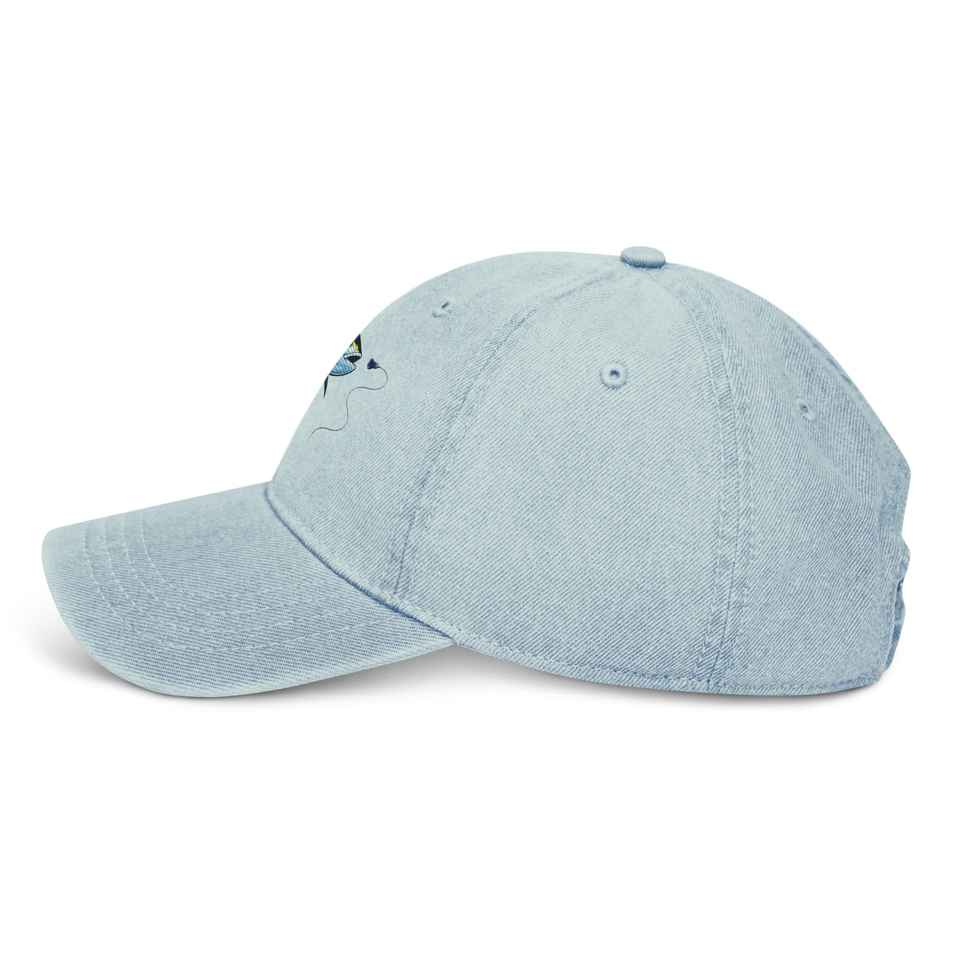 Denim yellowfin tuna fishing hat, side view, light denim