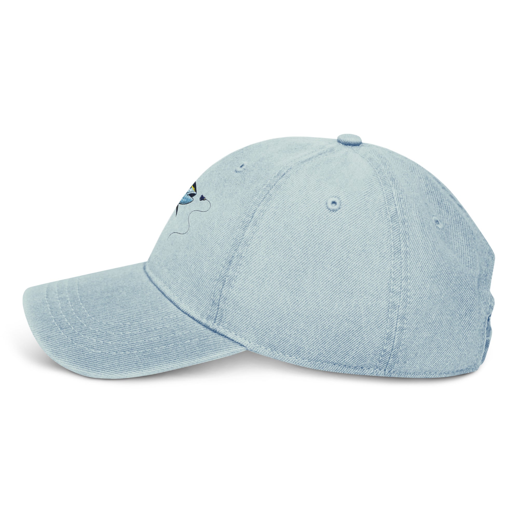 Denim yellowfin tuna fishing hat, side view, light denim