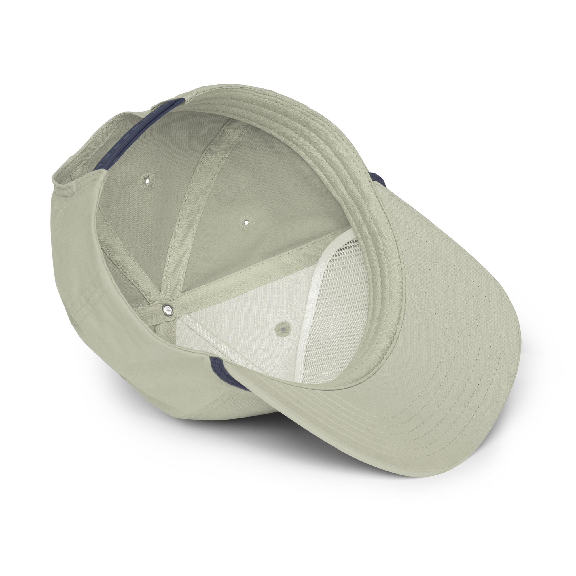 The Prop and Hook Mahi-Mahi Rope Hat is a beige 5-panel fishing cap, shown from the inside with stitched panels, mesh back, top button, and ventilation holes, displayed against a black background.