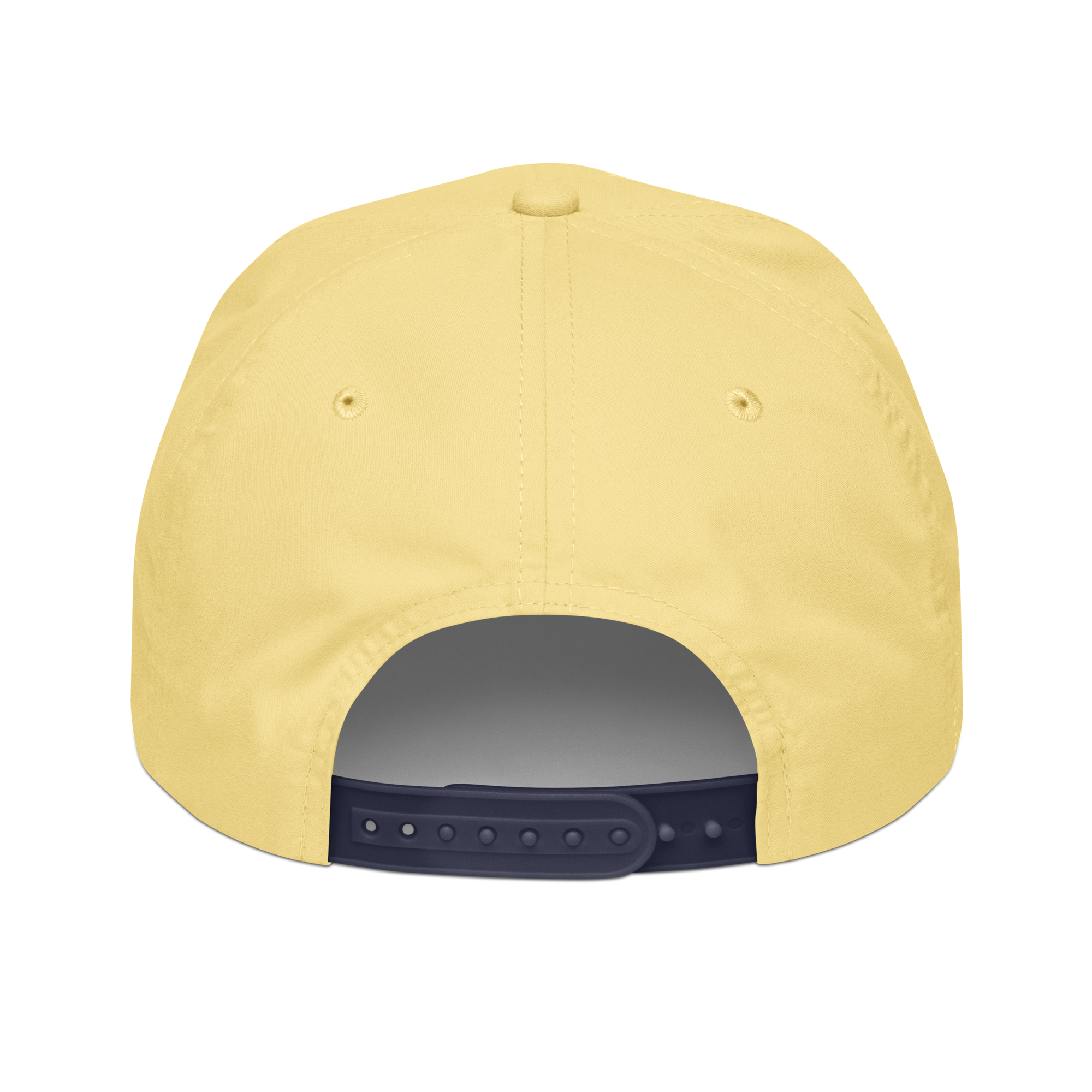 Back view of the Prop and Hook Mahi-Mahi Rope Hat, a yellow 5-panel cap featuring a black adjustable snap closure and two ventilation holes on each side.