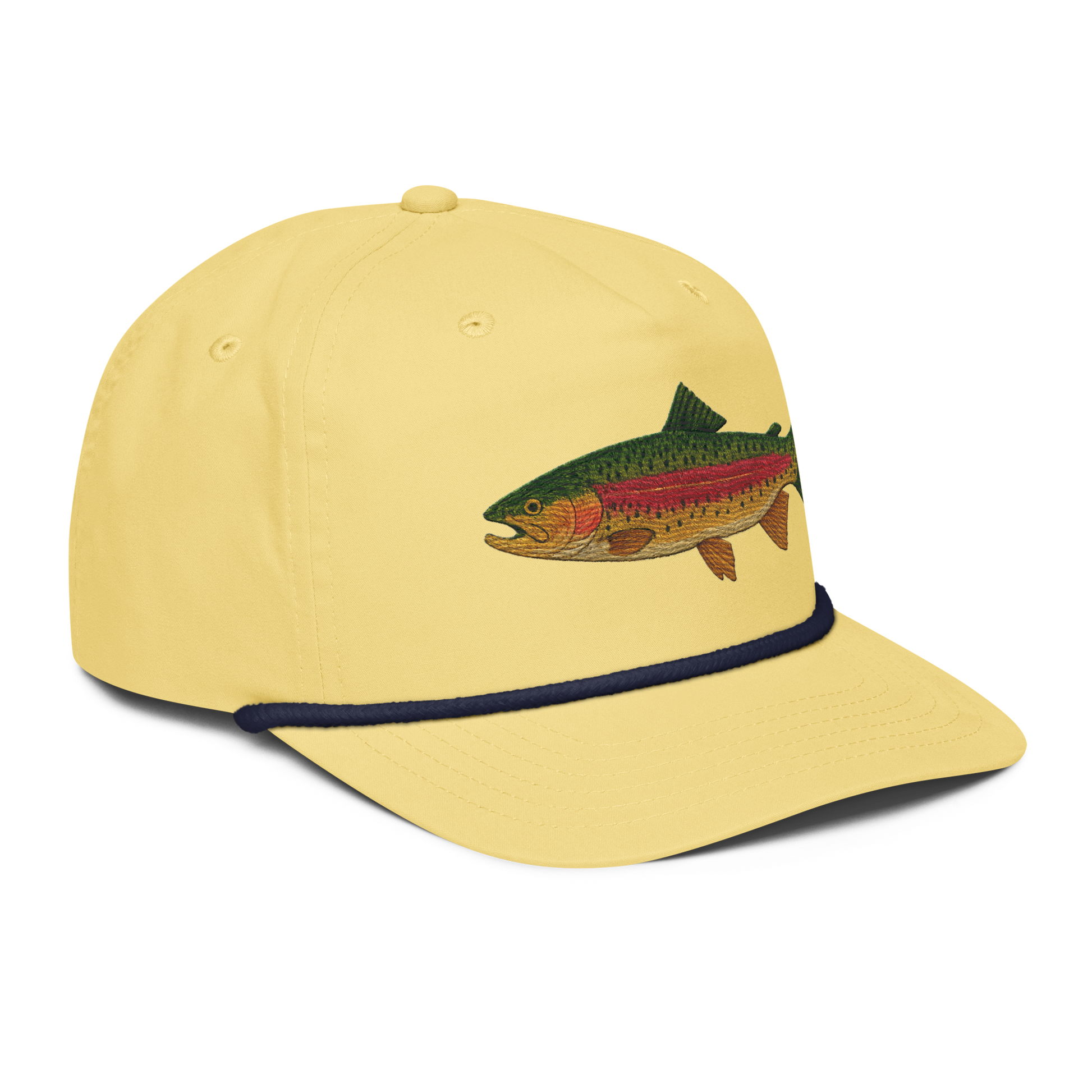 Rainbow Trout Hat, side view, yellow