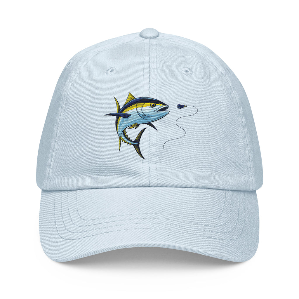 Pastel yellowfin tuna fishing hat, front view, blue