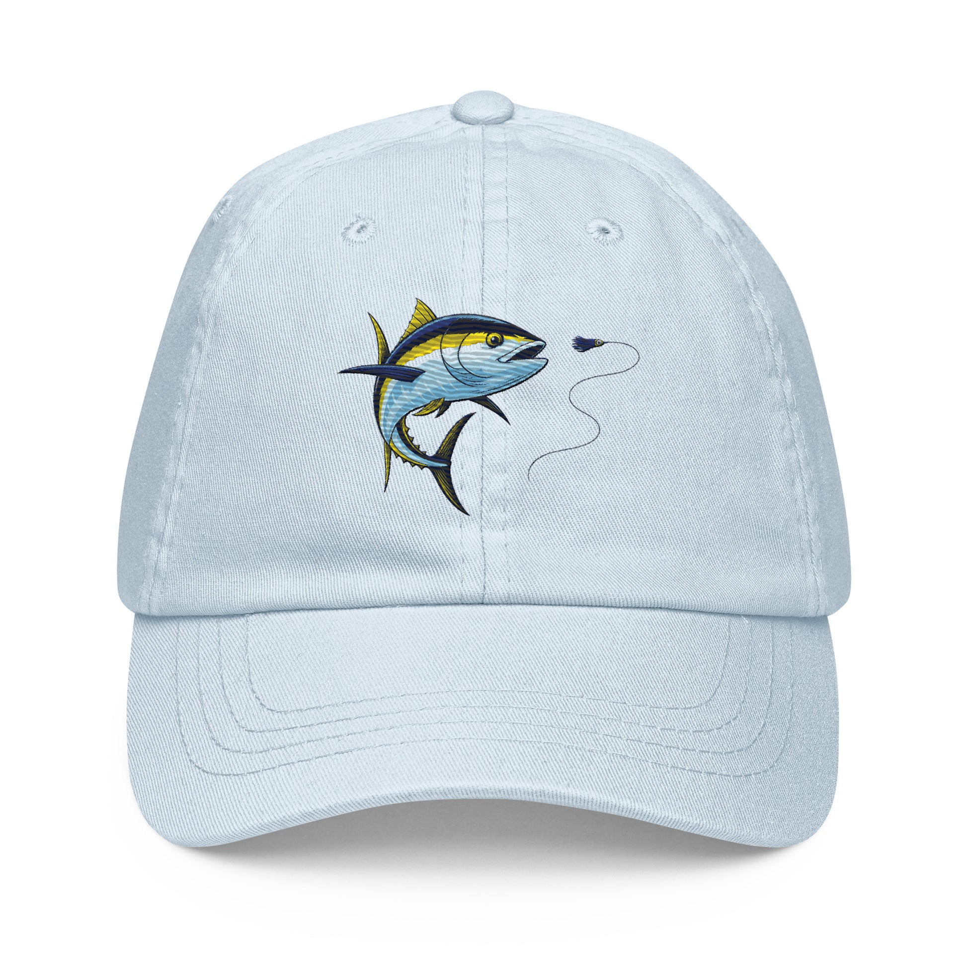 Pastel yellowfin tuna fishing hat, front view, blue