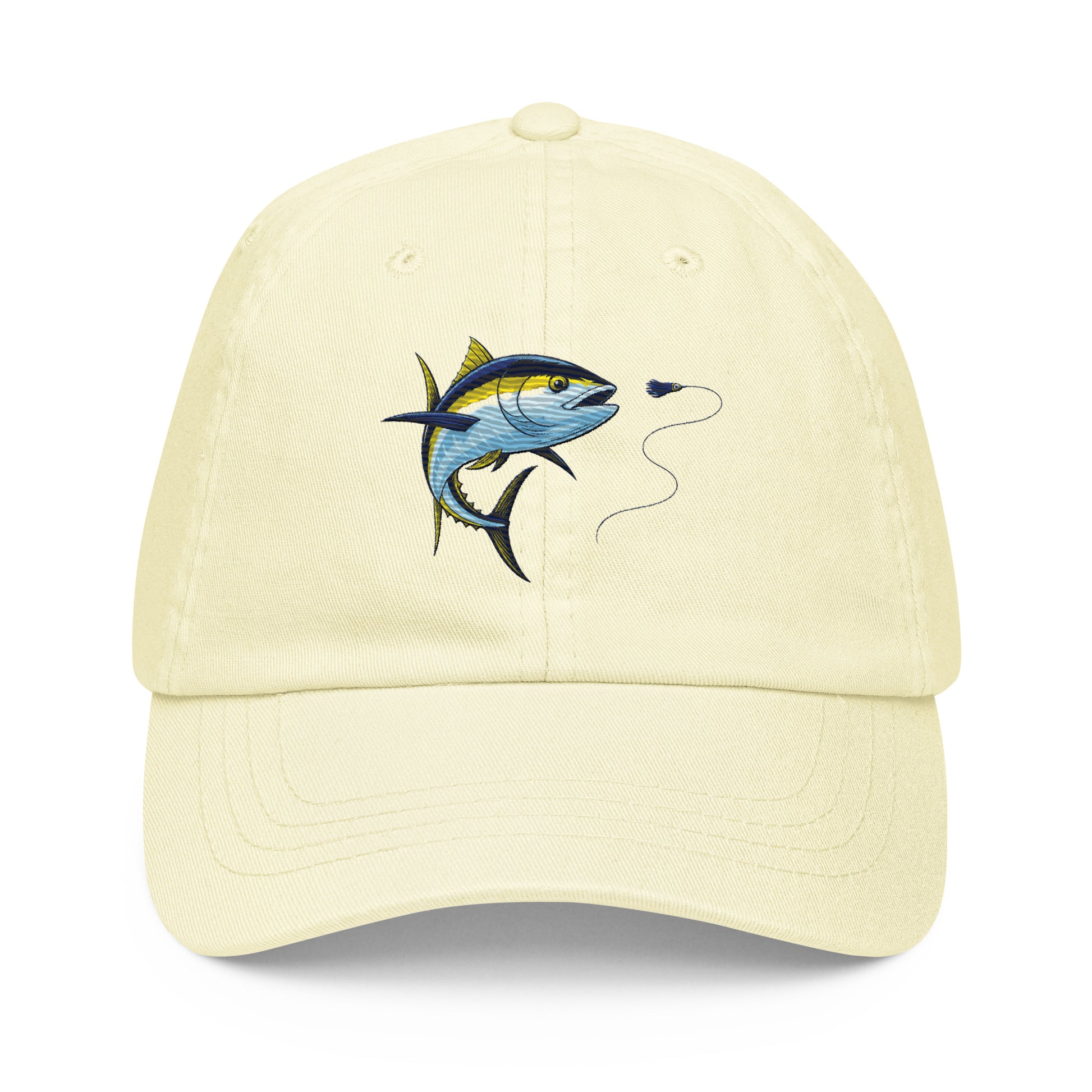 Pastel yellowfin tuna fishing hat, front view, yellow