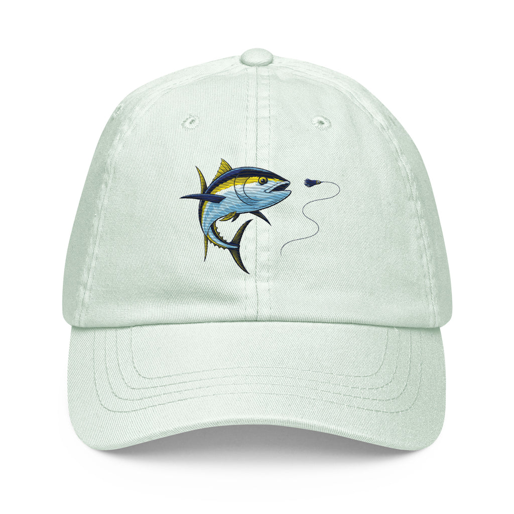 Pastel yellowfin tuna fishing hat, front view, green