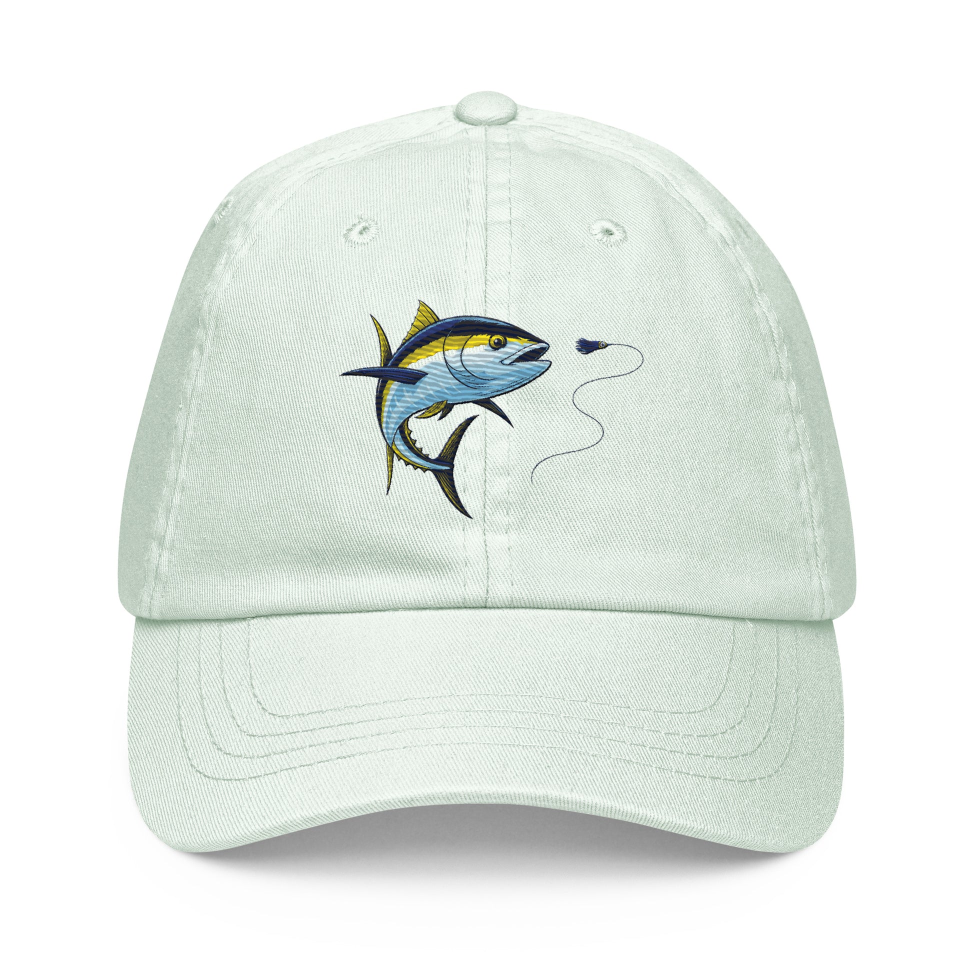 Pastel yellowfin tuna fishing hat, front view, green