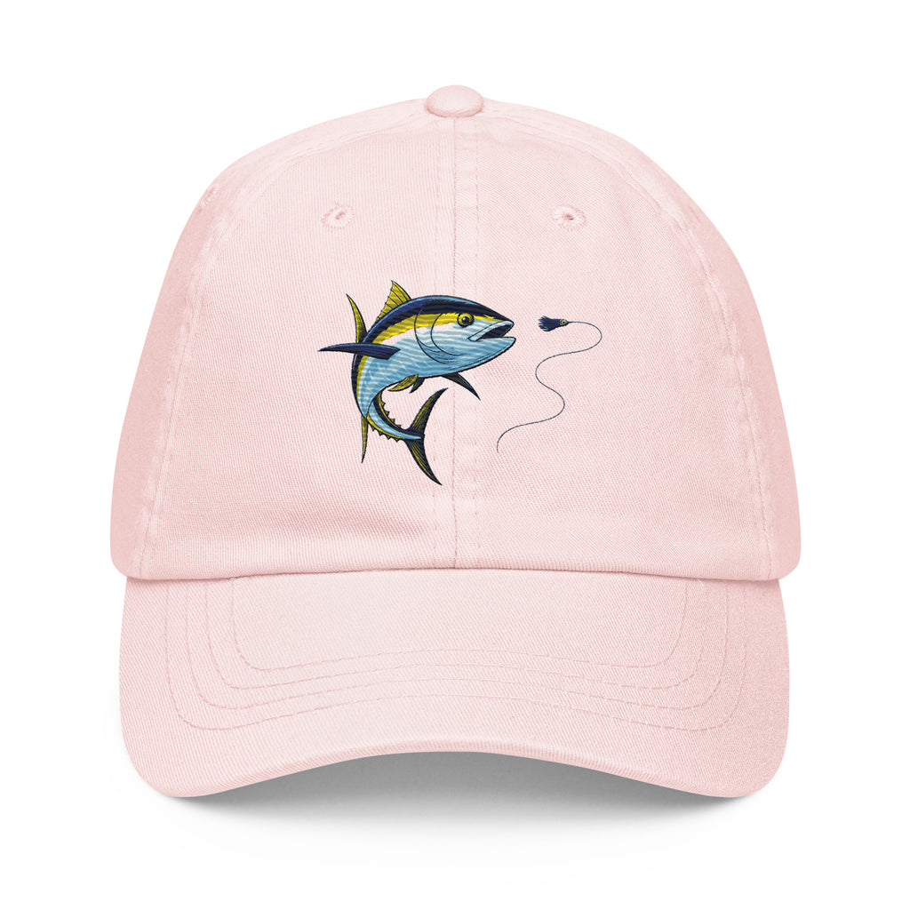 Pastel yellowfin tuna fishing hat, front view, pink