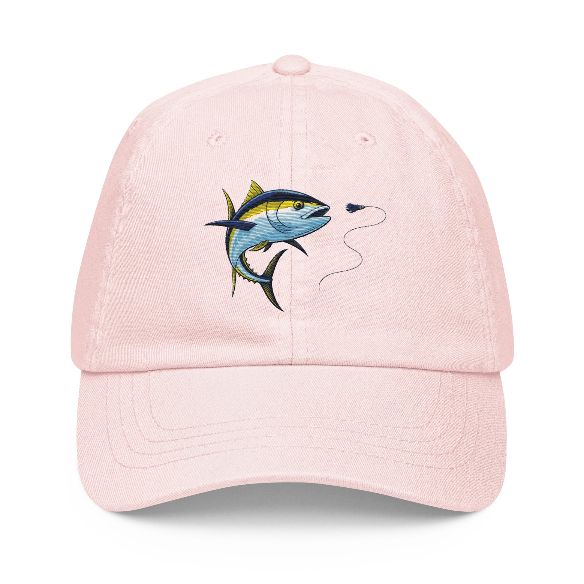 Pastel yellowfin tuna fishing hat, front view, pink