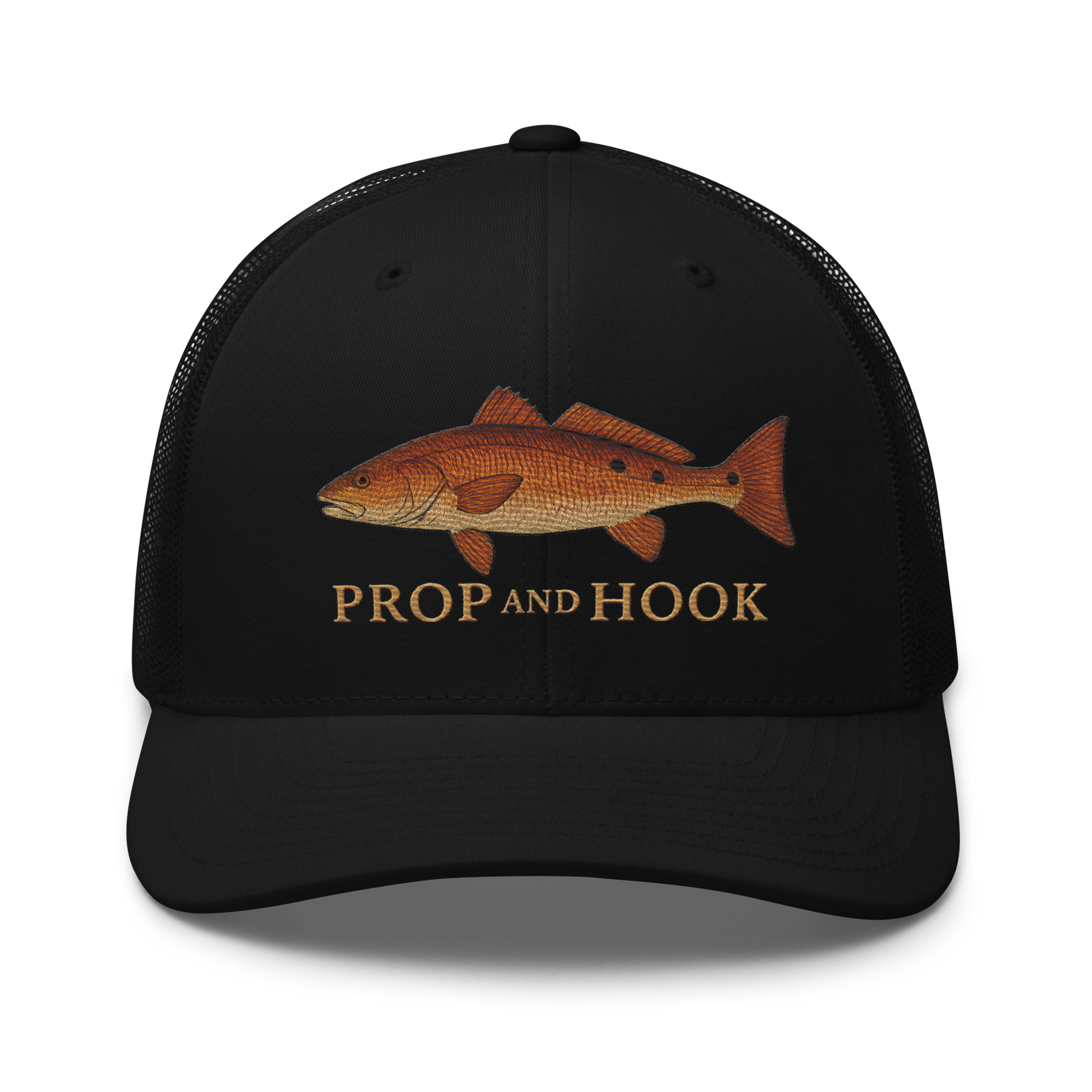redfish trucker hat, black color, front view