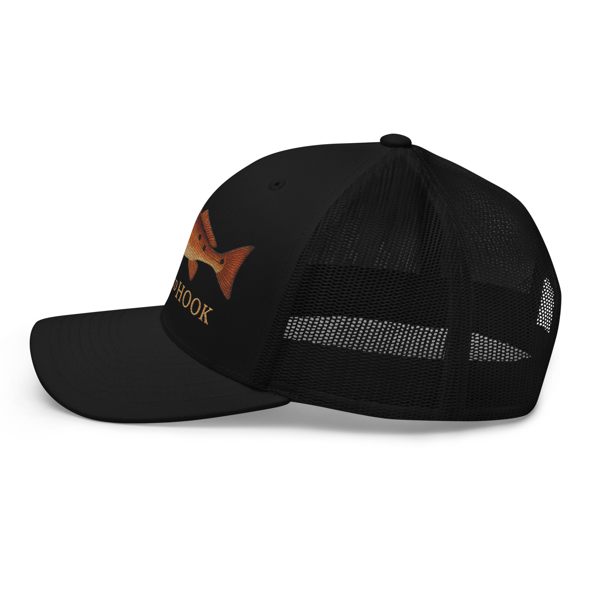 redfish trucker hat, black color, left side view