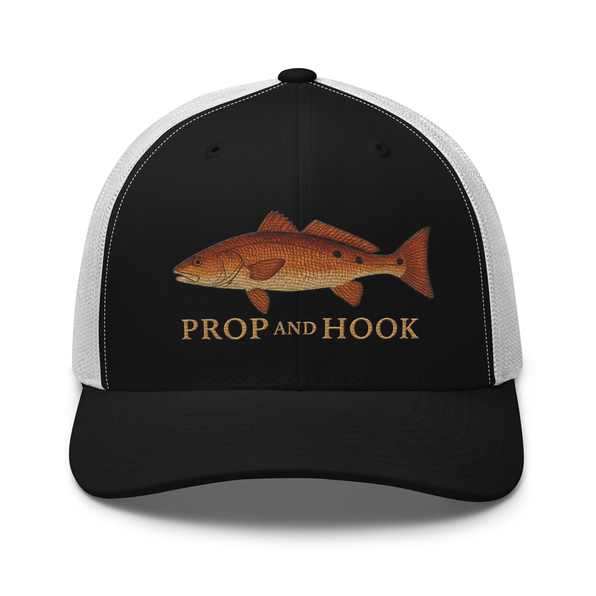 redfish trucker hat, black/white color, front view