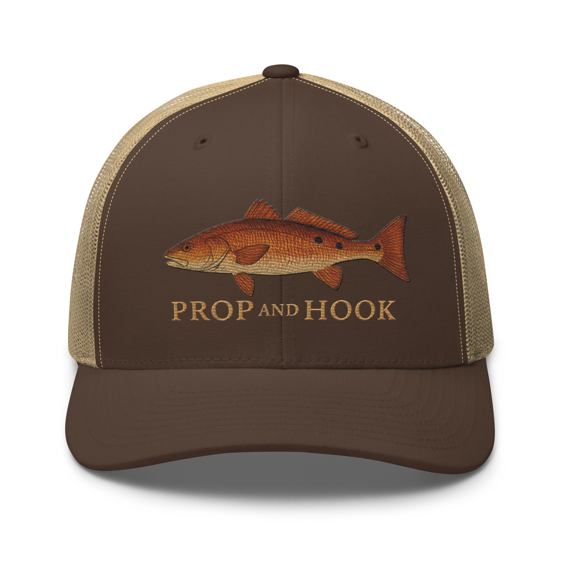 redfish trucker hat, brown/khaki, front view