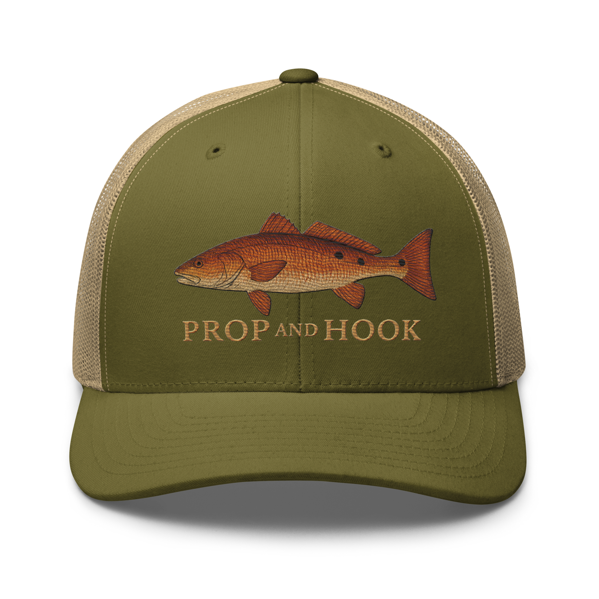 redfish trucker hat, moss/khaki, front view
