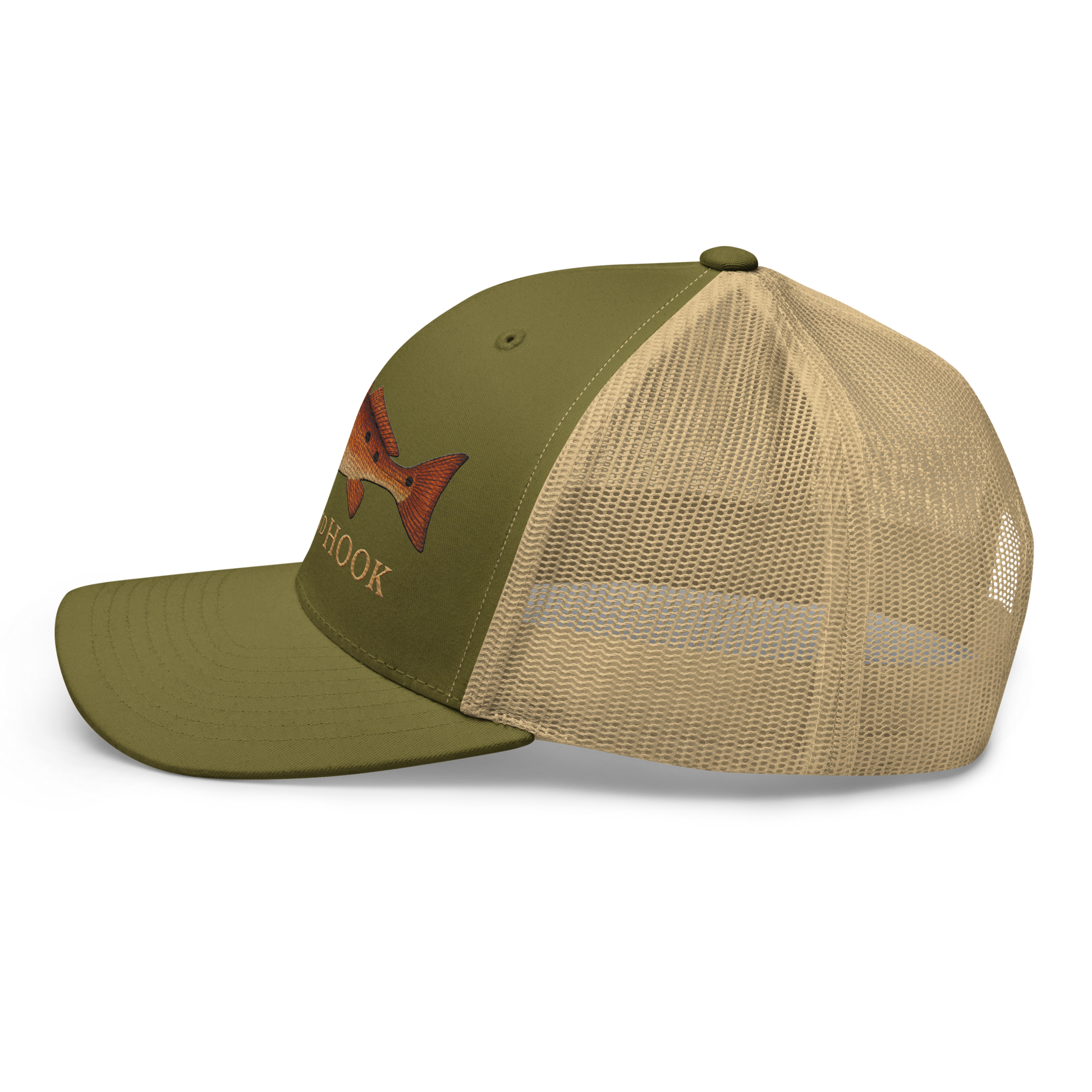 redfish trucker hat, moss/khaki, left side view