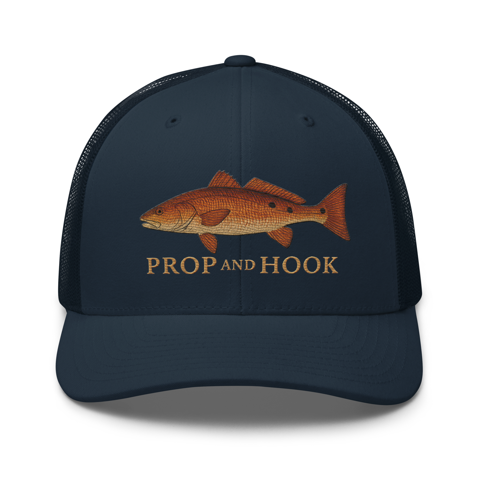 redfish trucker hat, navy color, front view