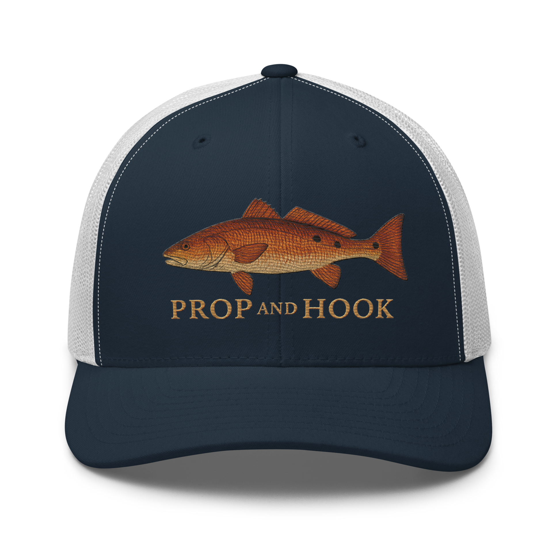 redfish trucker hat, navy/white color, front view