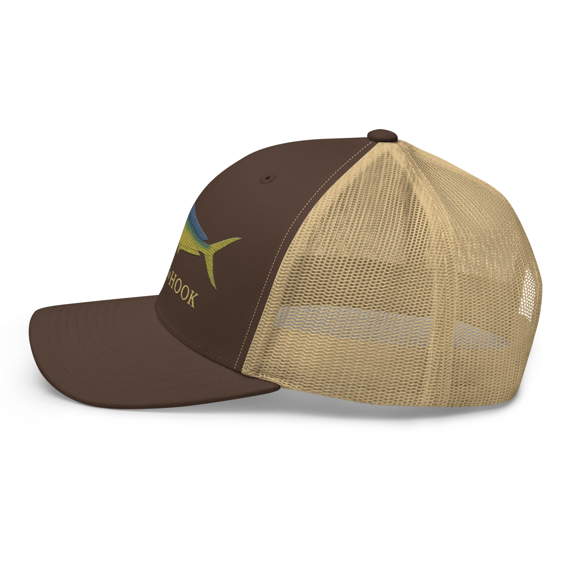 mahi-mahi trucker hat, left, khaki
