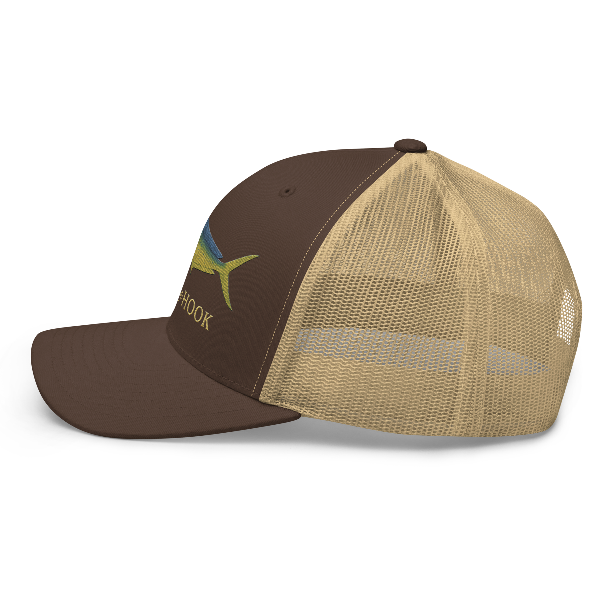 mahi-mahi trucker hat, left, khaki