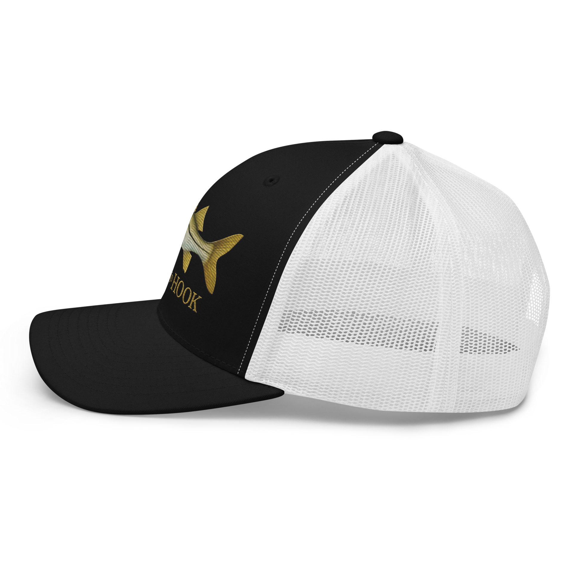 snook trucker hat, black/white, left side view