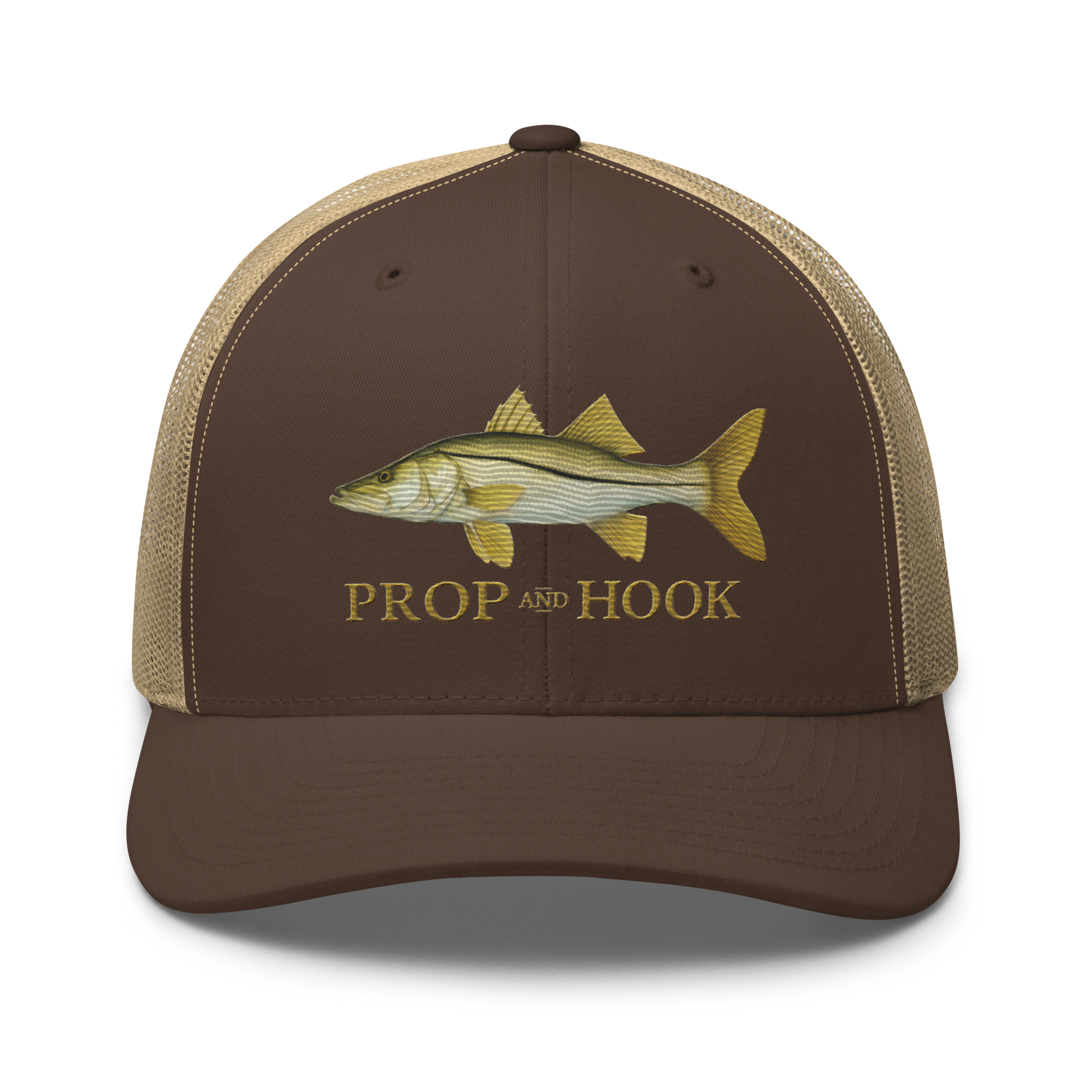 snook trucker hat, brown/khaki color, front view