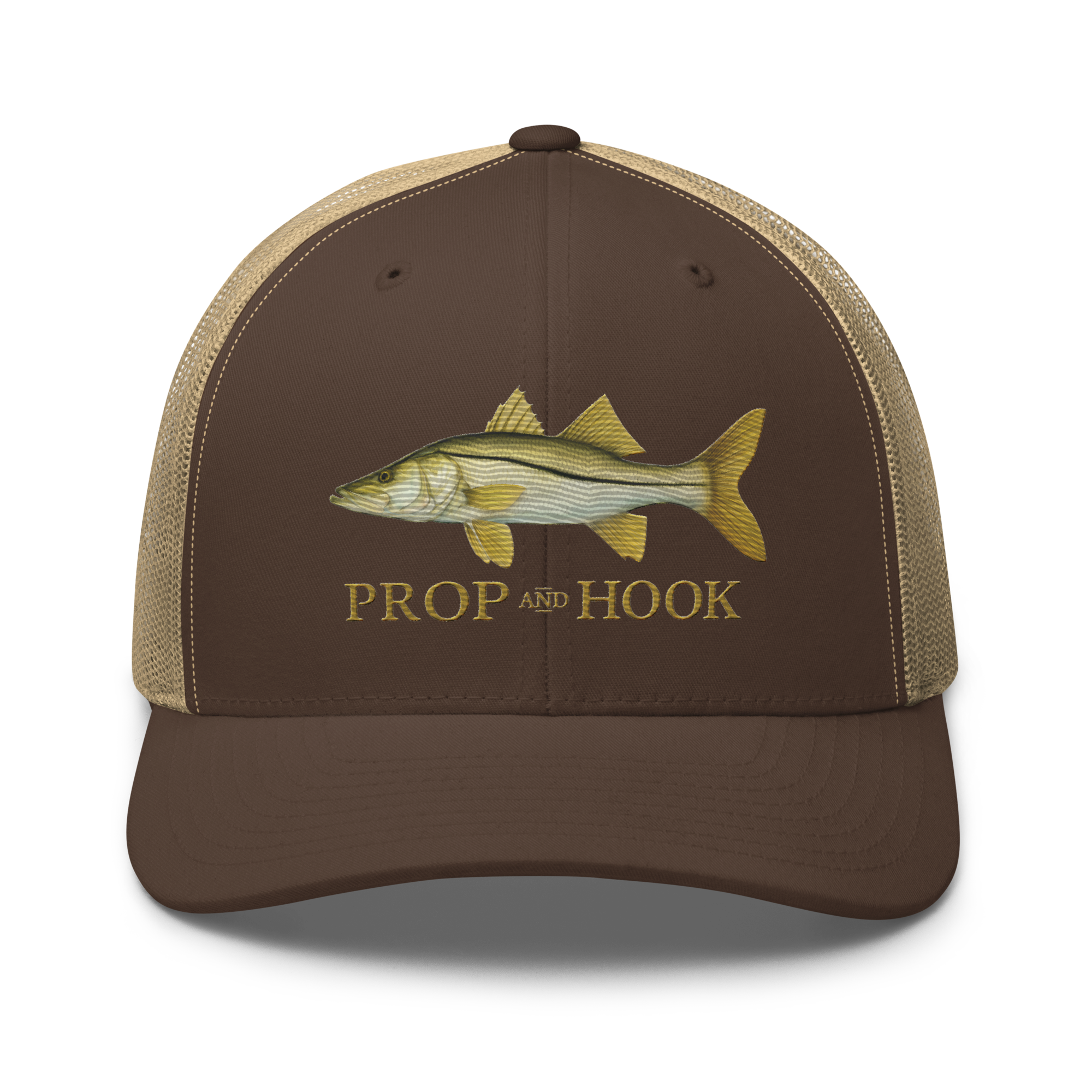 snook trucker hat, brown/khaki color, front view