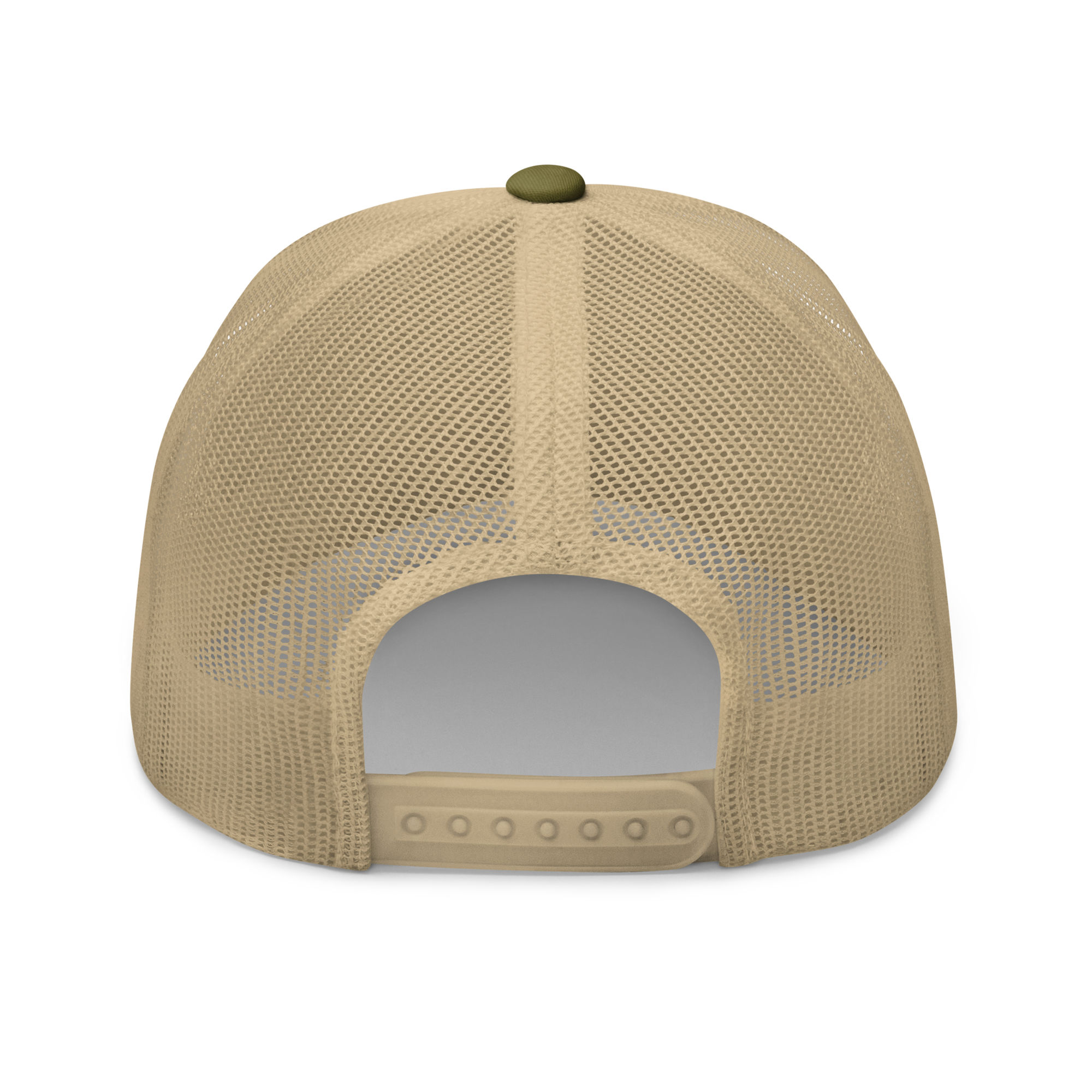 snook trucker hat, moss/khaki color, back view