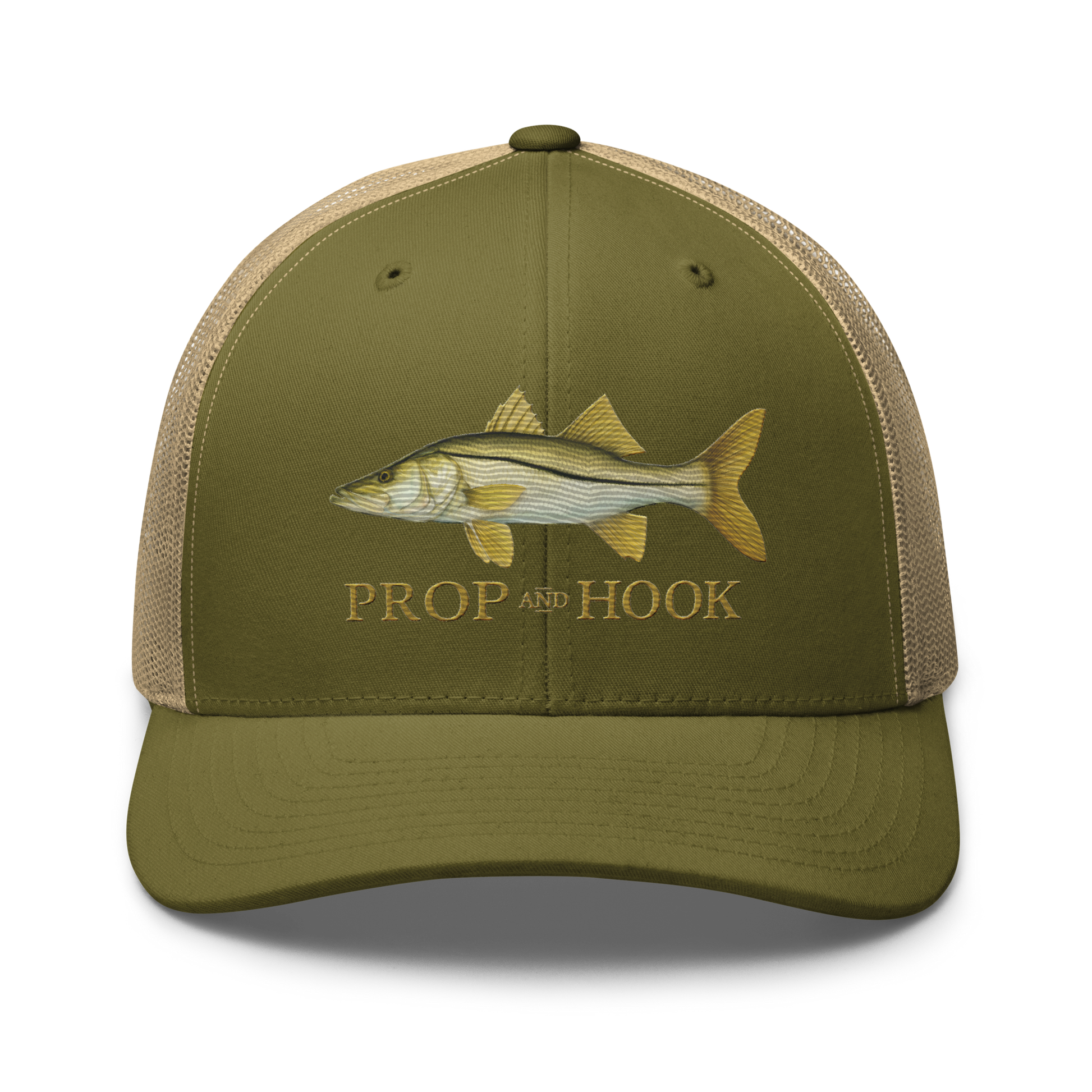 snook trucker hat, moss/khaki color, front view