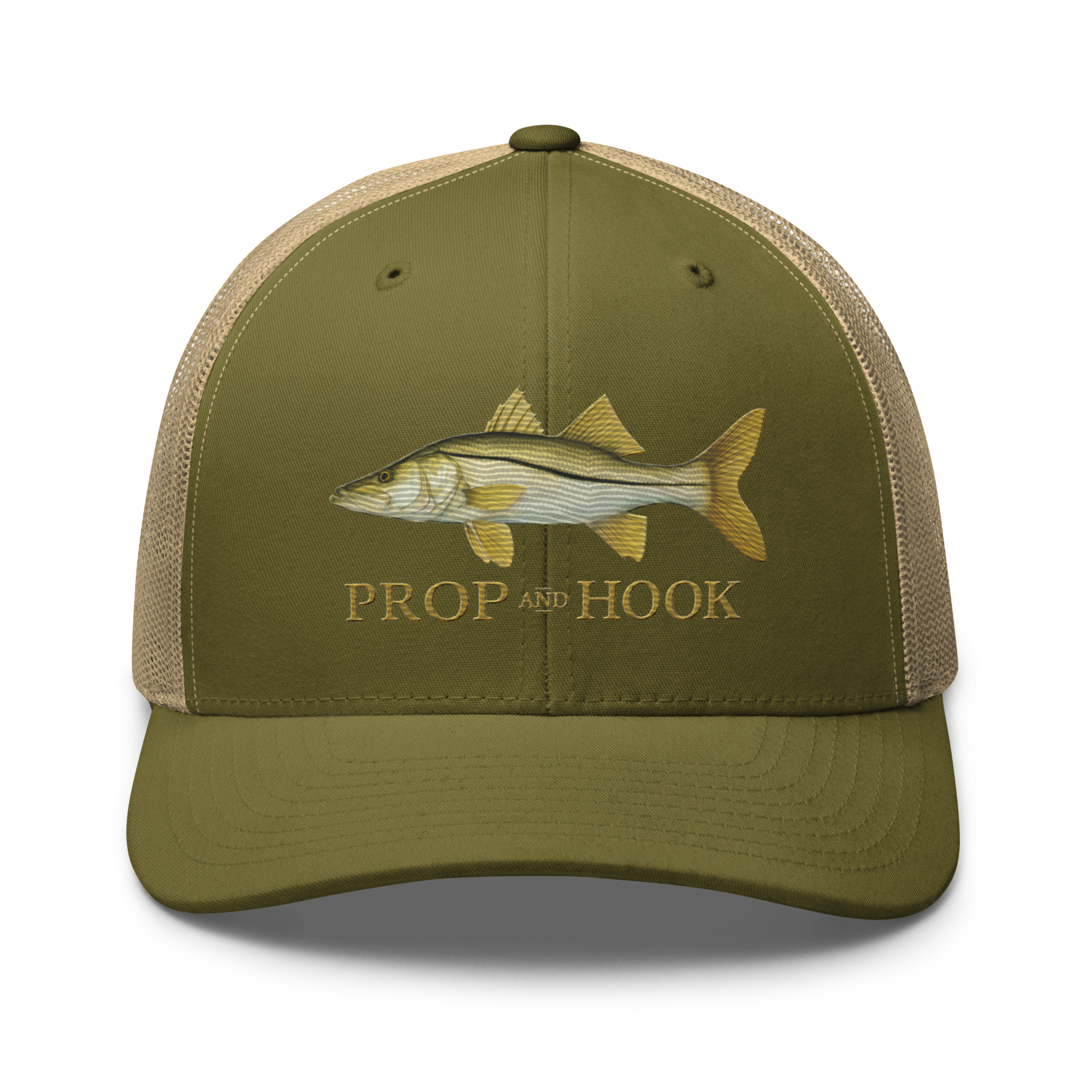 snook trucker hat, moss/khaki color, front view