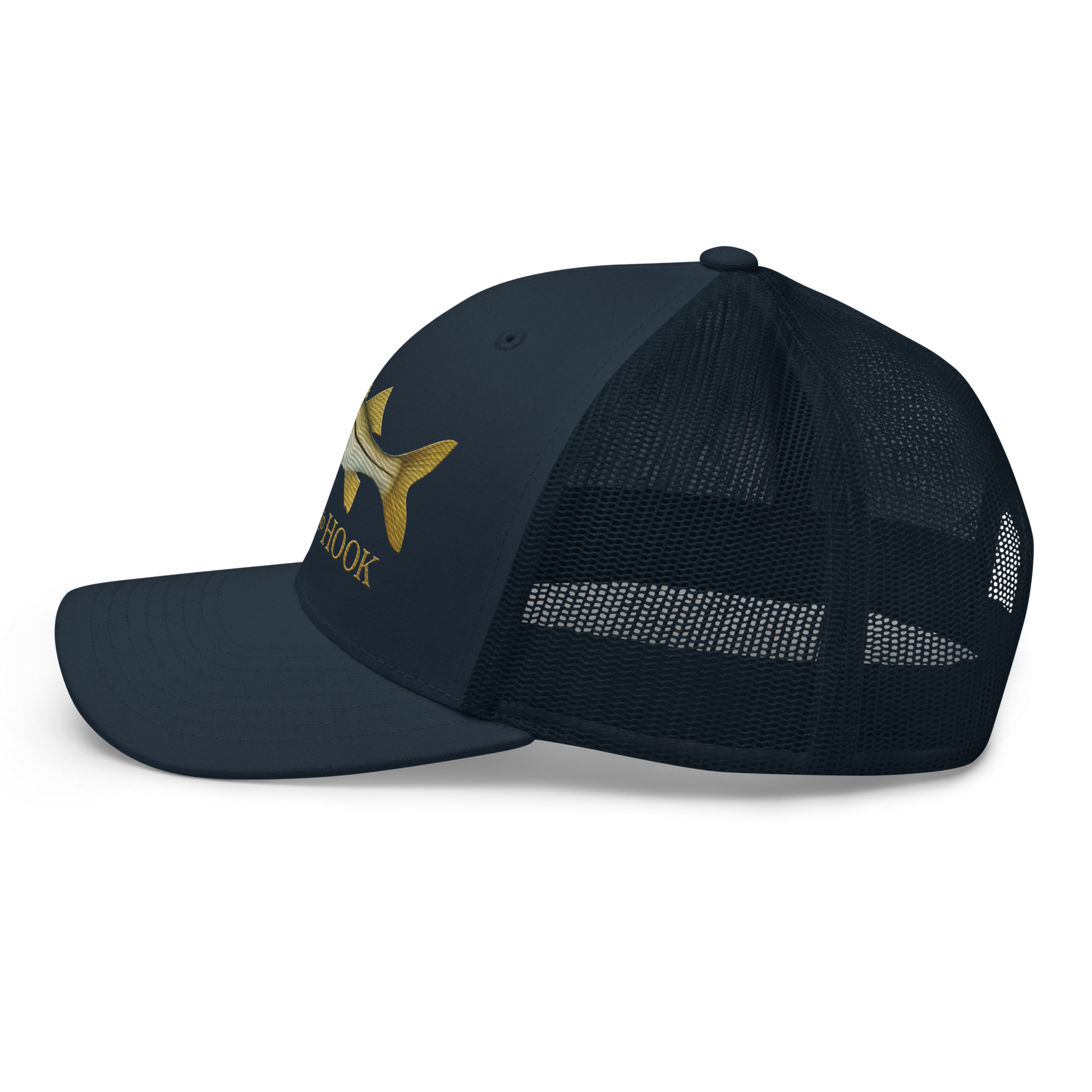 snook trucker hat, navy color, left side view