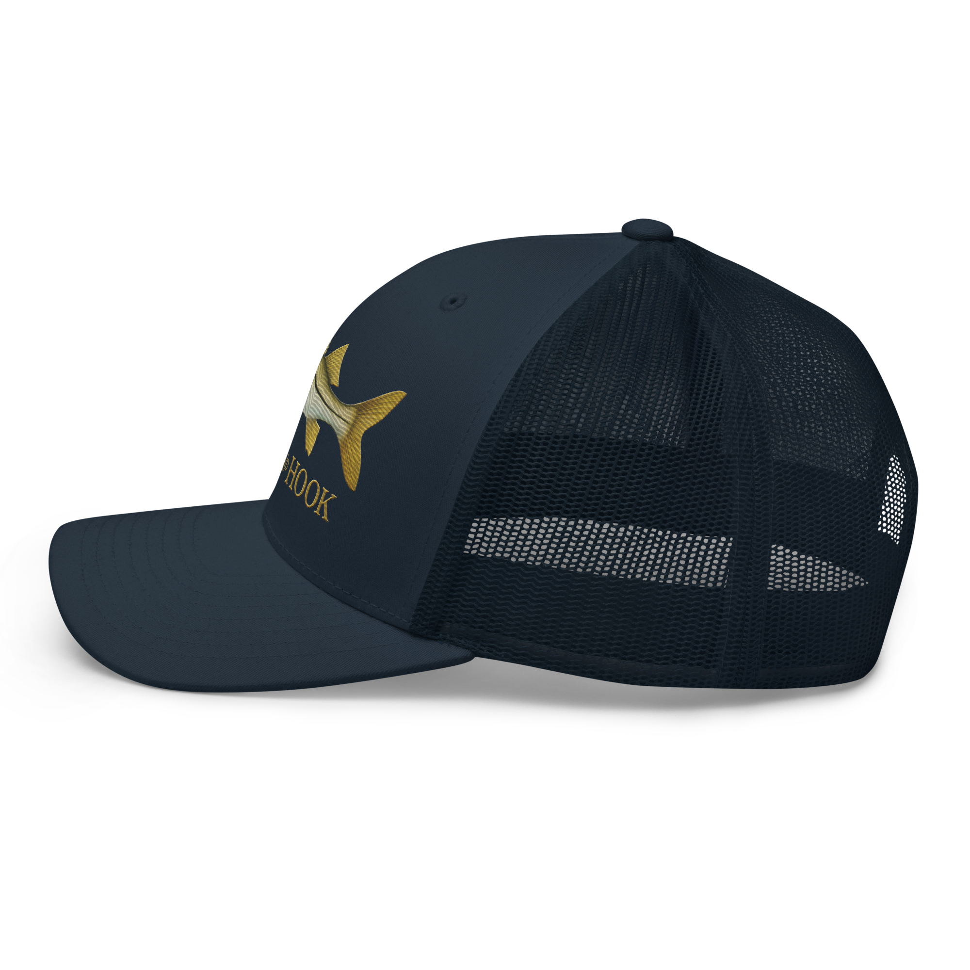 snook trucker hat, navy color, left side view