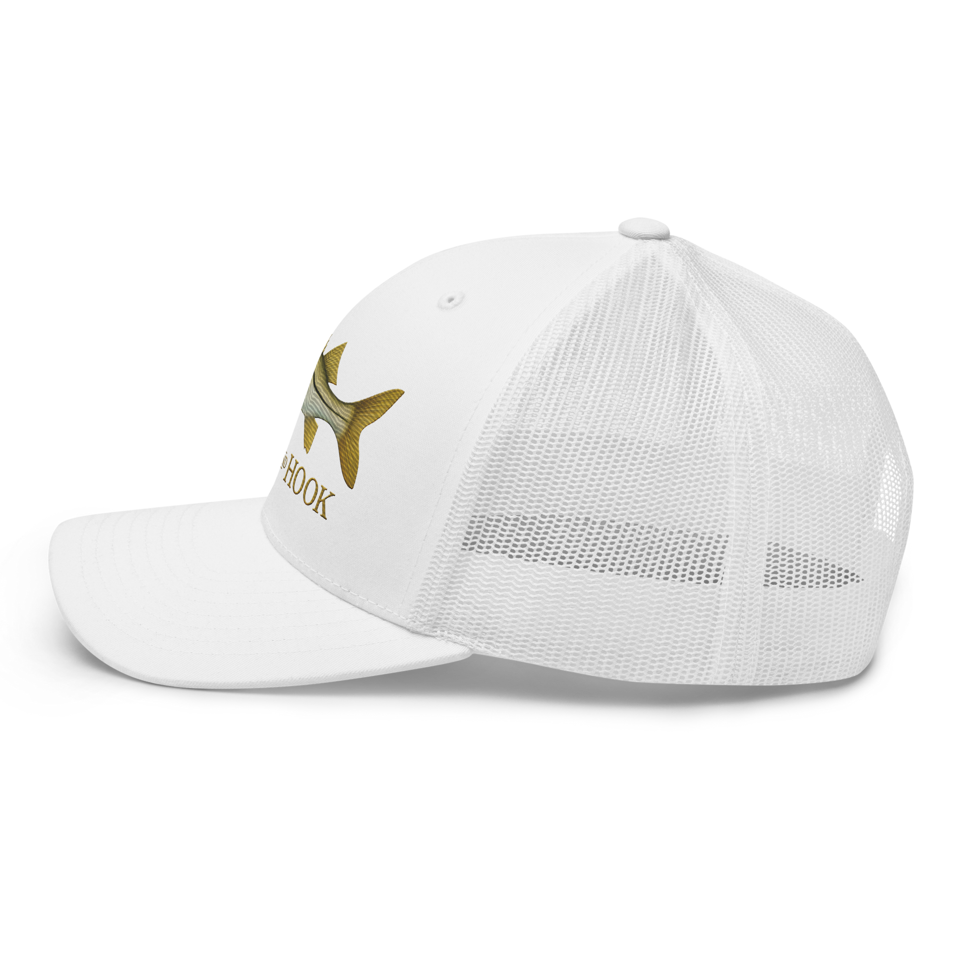 snook trucker hat, white color, left side view